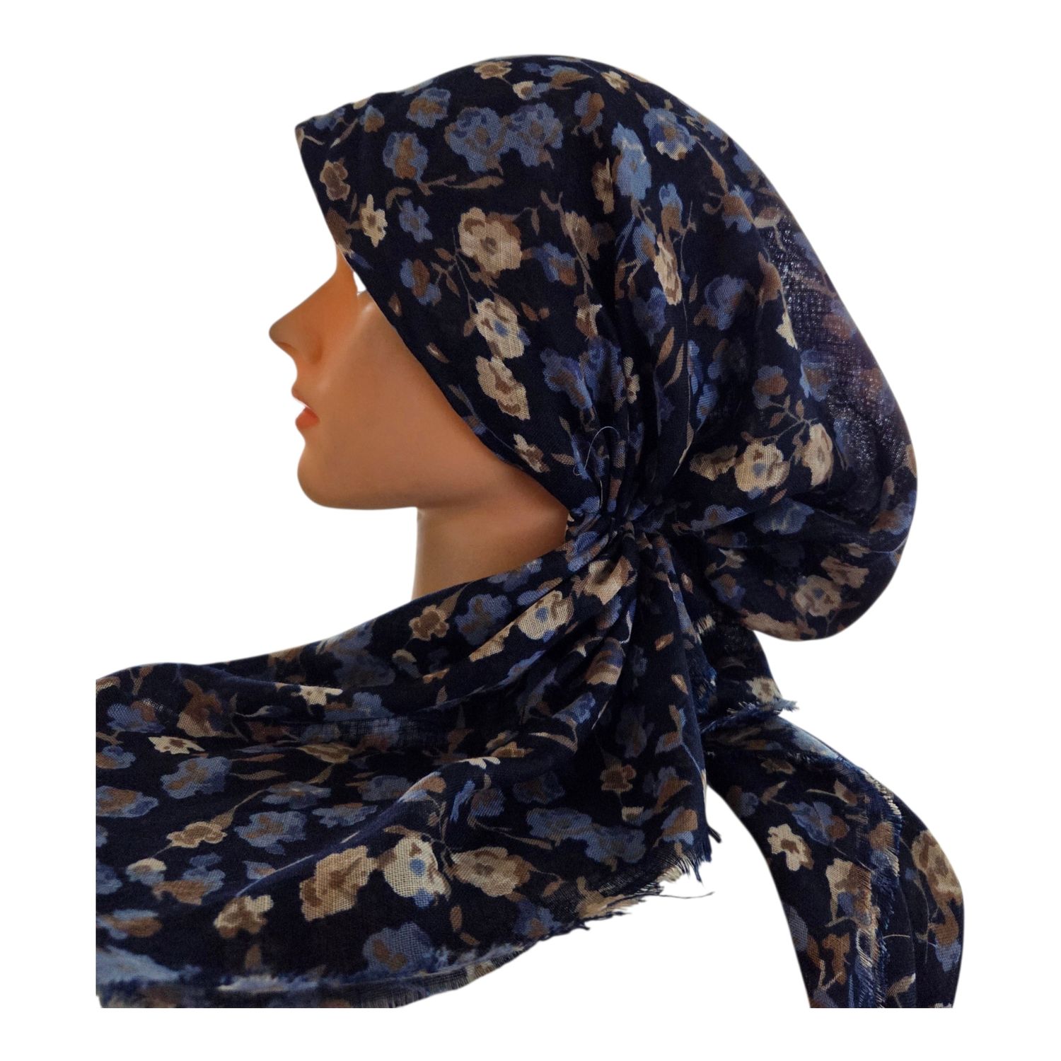 Navy/blue painted petals - soft fringes pretied tichel