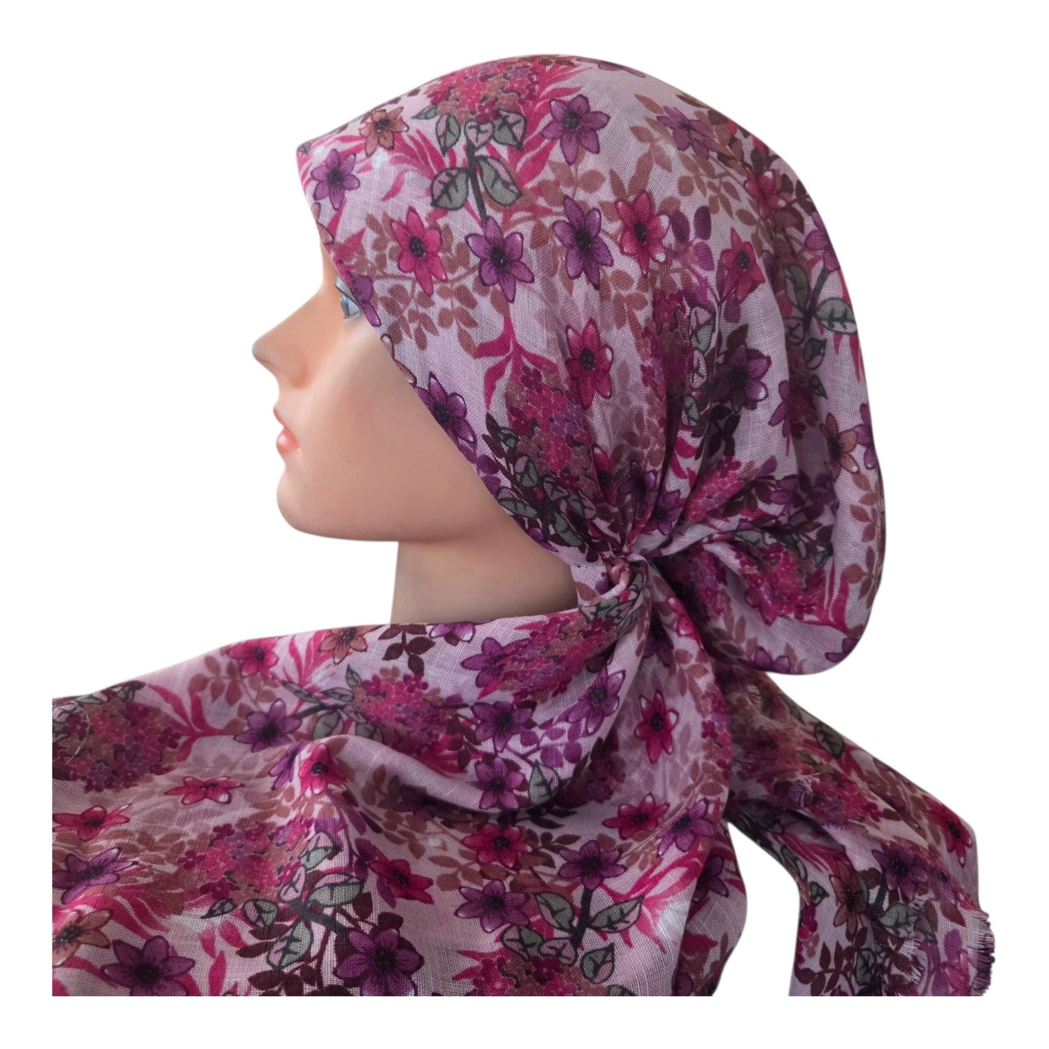 Pink floral garden - soft fringes pretied tichel