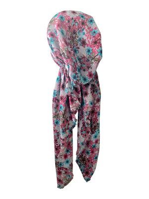 Light gray floral garden - soft fringes pretied tichel