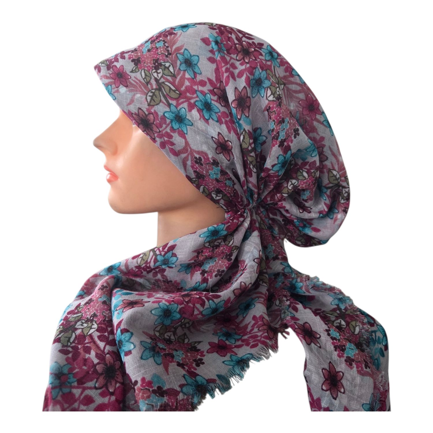 Light gray floral garden - soft fringes pretied tichel