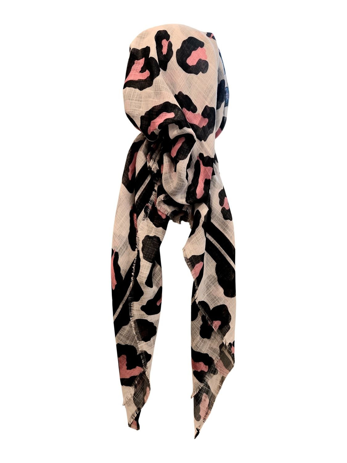 White - pink leopard bright &amp; Summery - soft fringes pretied tichel