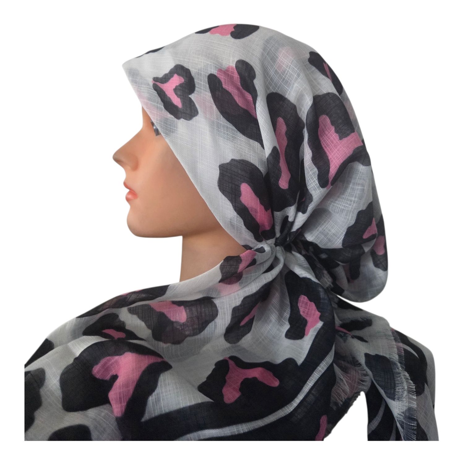 White - pink leopard bright &amp; Summery - soft fringes pretied tichel