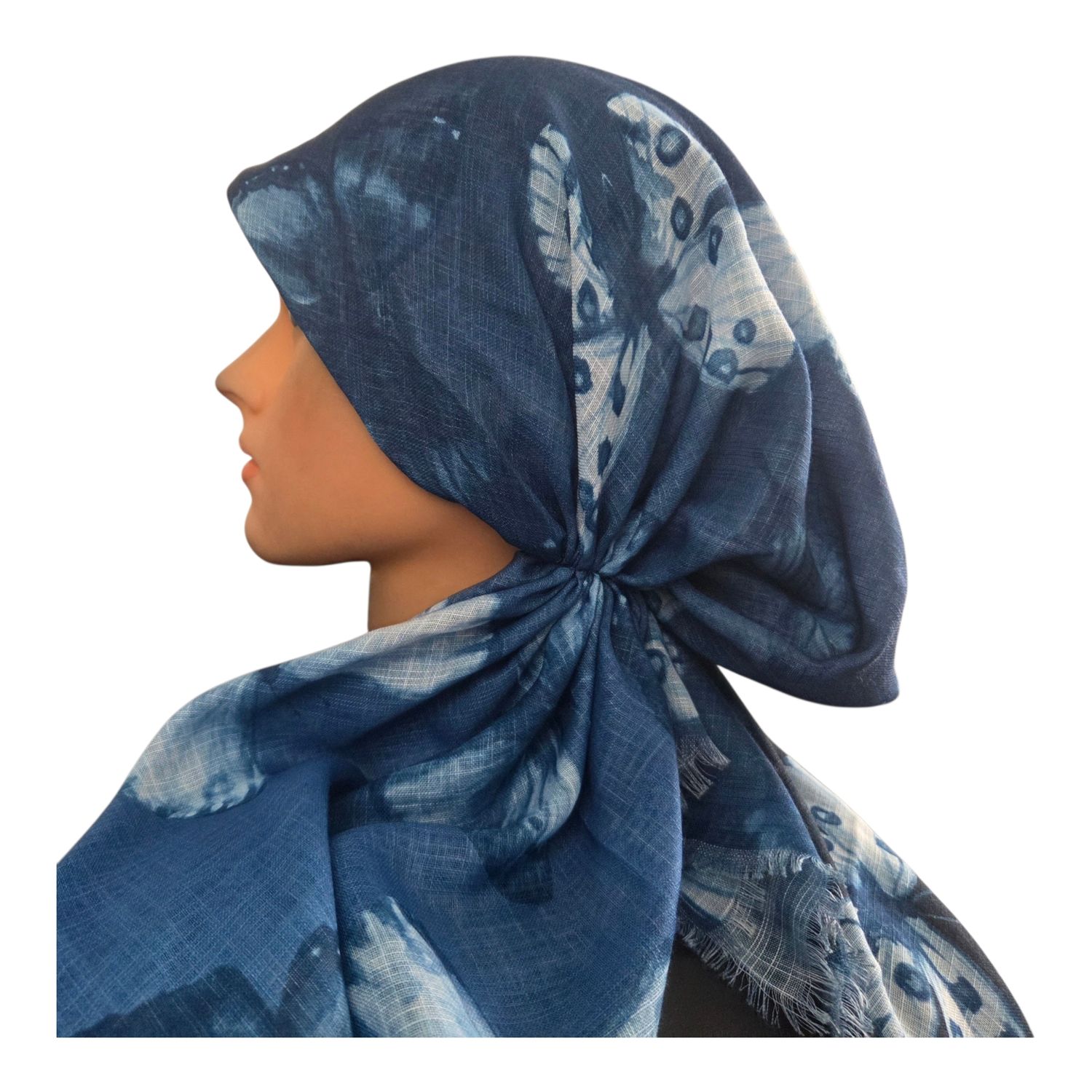 Blue shaded w/butterflies - soft fringes pretied tichel