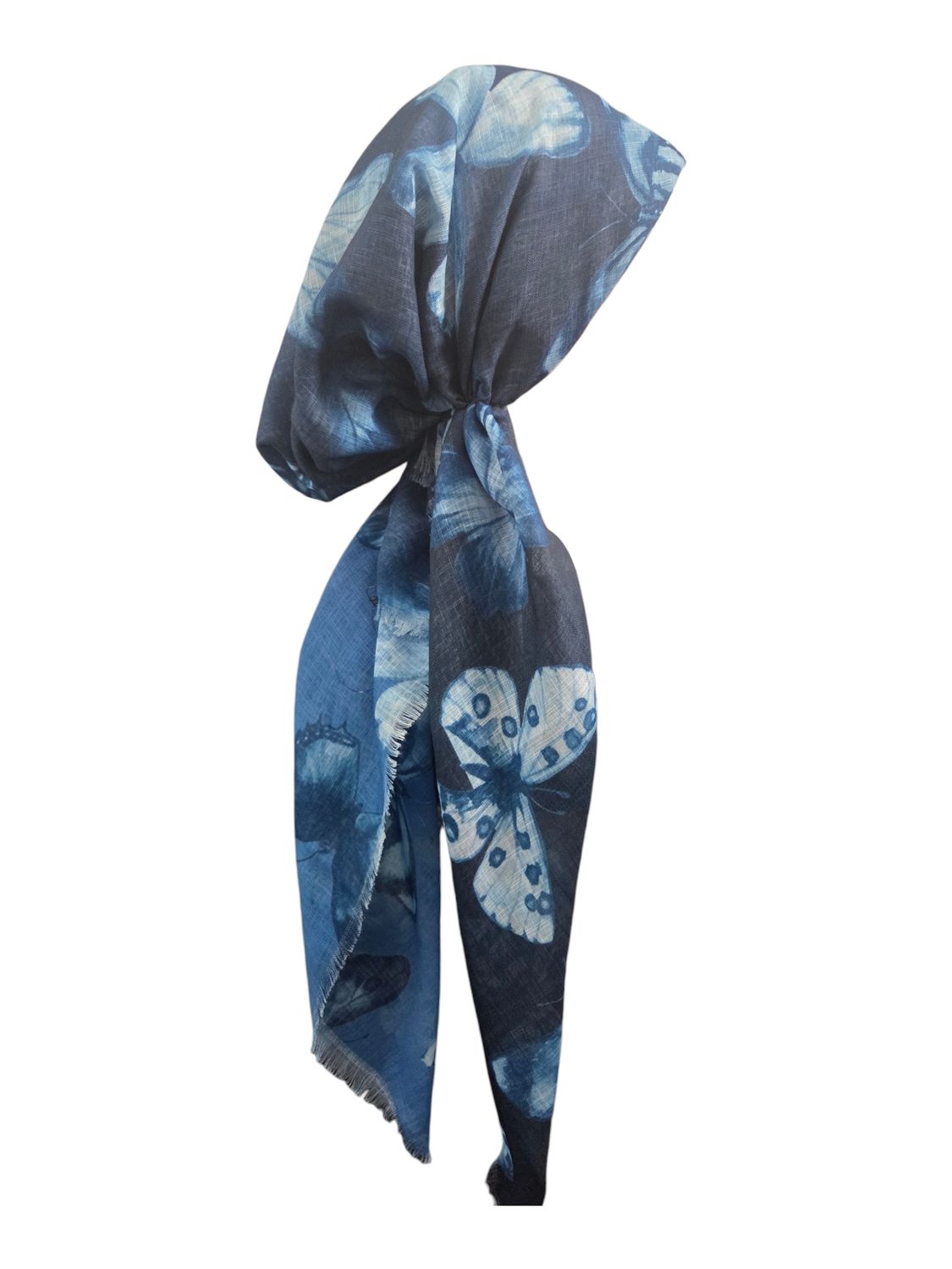 Blue shaded w/butterflies - soft fringes pretied tichel