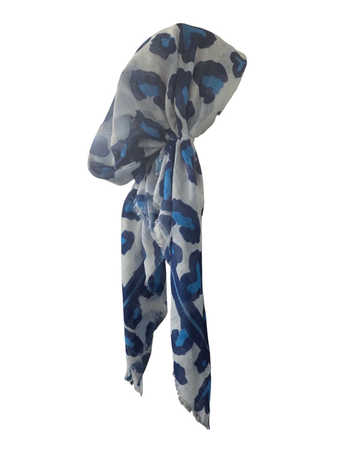 White - blue leopard bright &amp; Summery - soft fringes pretied tichel