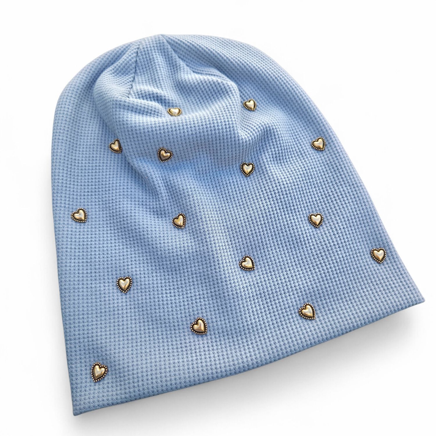 Light blue heart embellished waffle cotton beanie