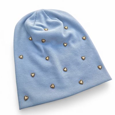 Light blue heart embellished waffle cotton beanie