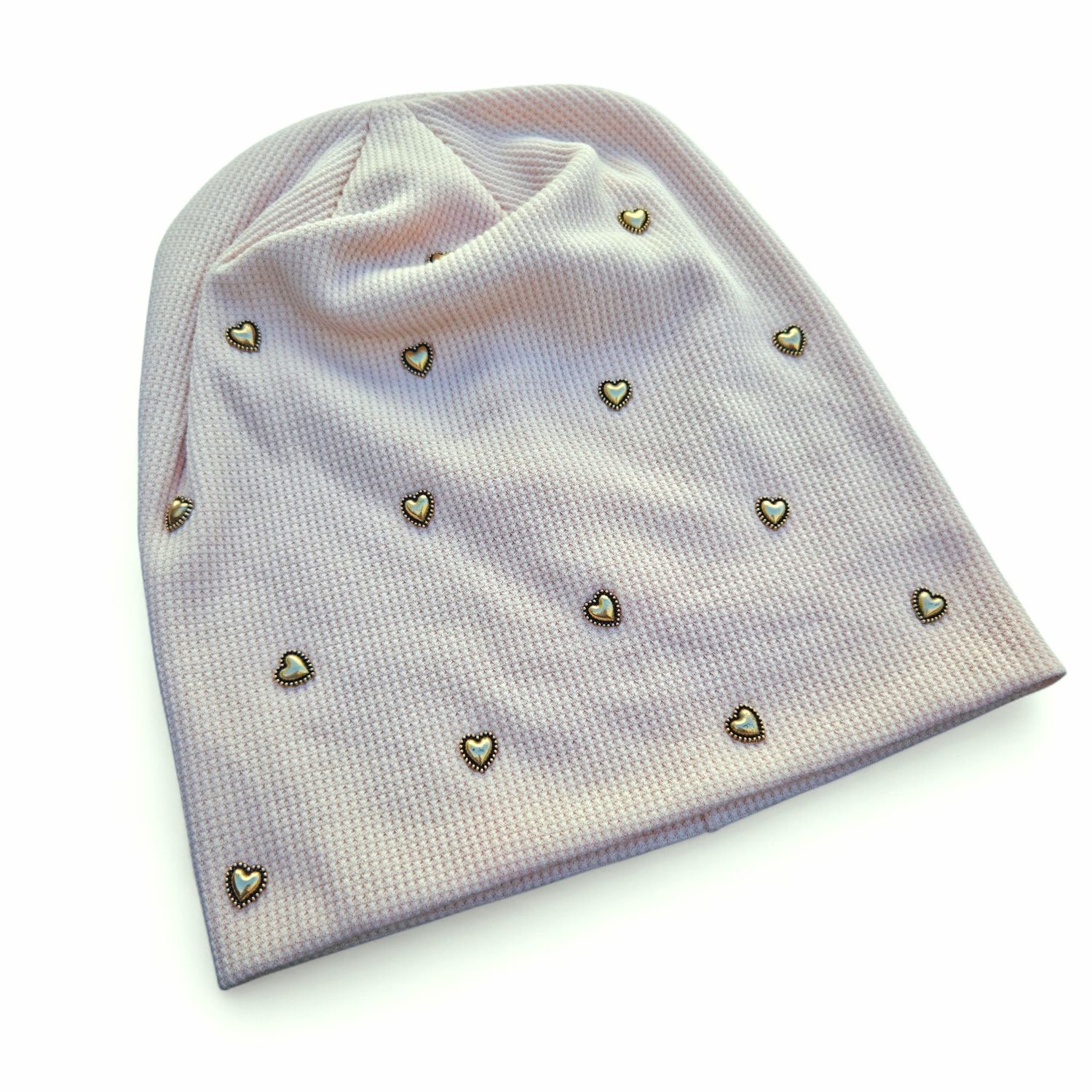 Light peachy pink heart embellished waffle cotton beanie