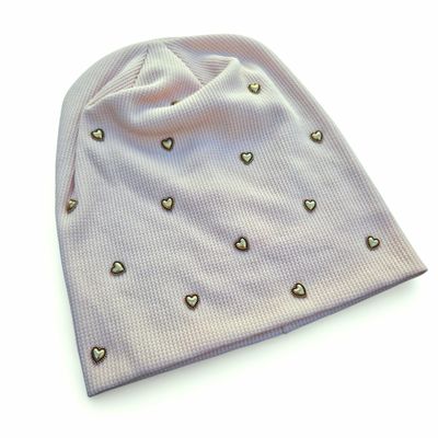 Light peachy pink heart embellished waffle cotton beanie