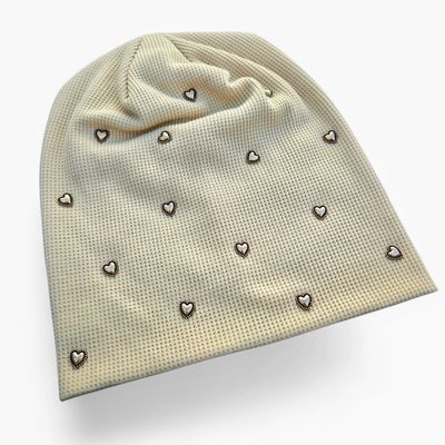 Beige/tan heart embellished waffle cotton beanie