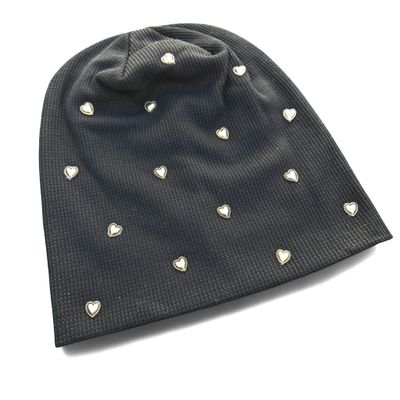 Black heart embellished waffle cotton beanie