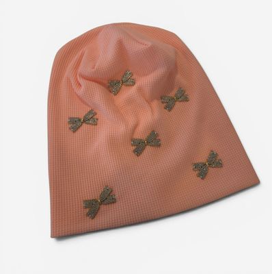 Peachy pink - glittery bow - embellished waffle cotton beanie