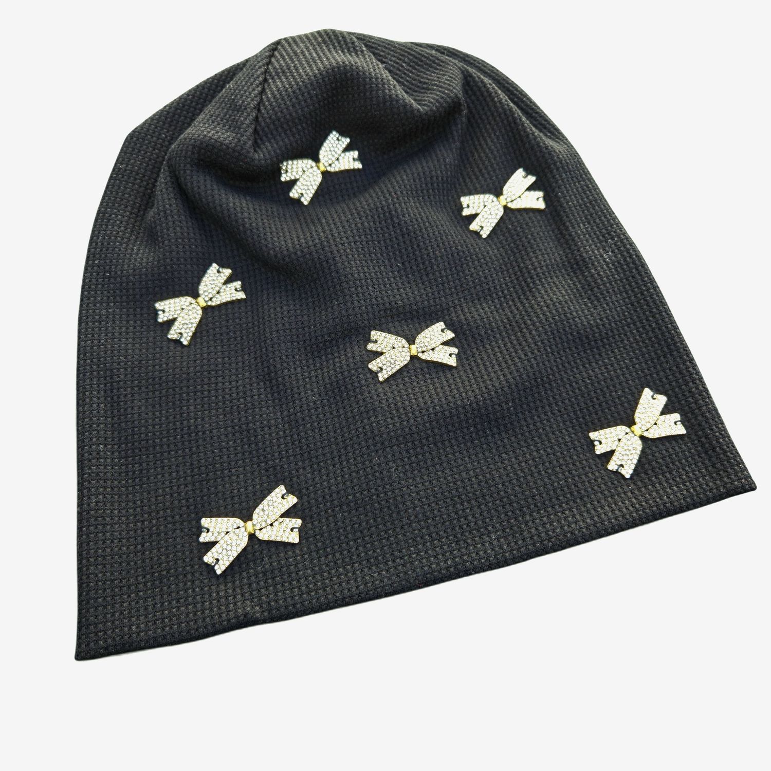 Black glittery bow - embellished waffle cotton beanie