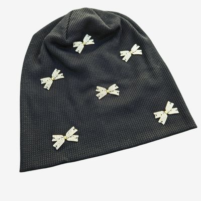 Black glittery bow - embellished waffle cotton beanie