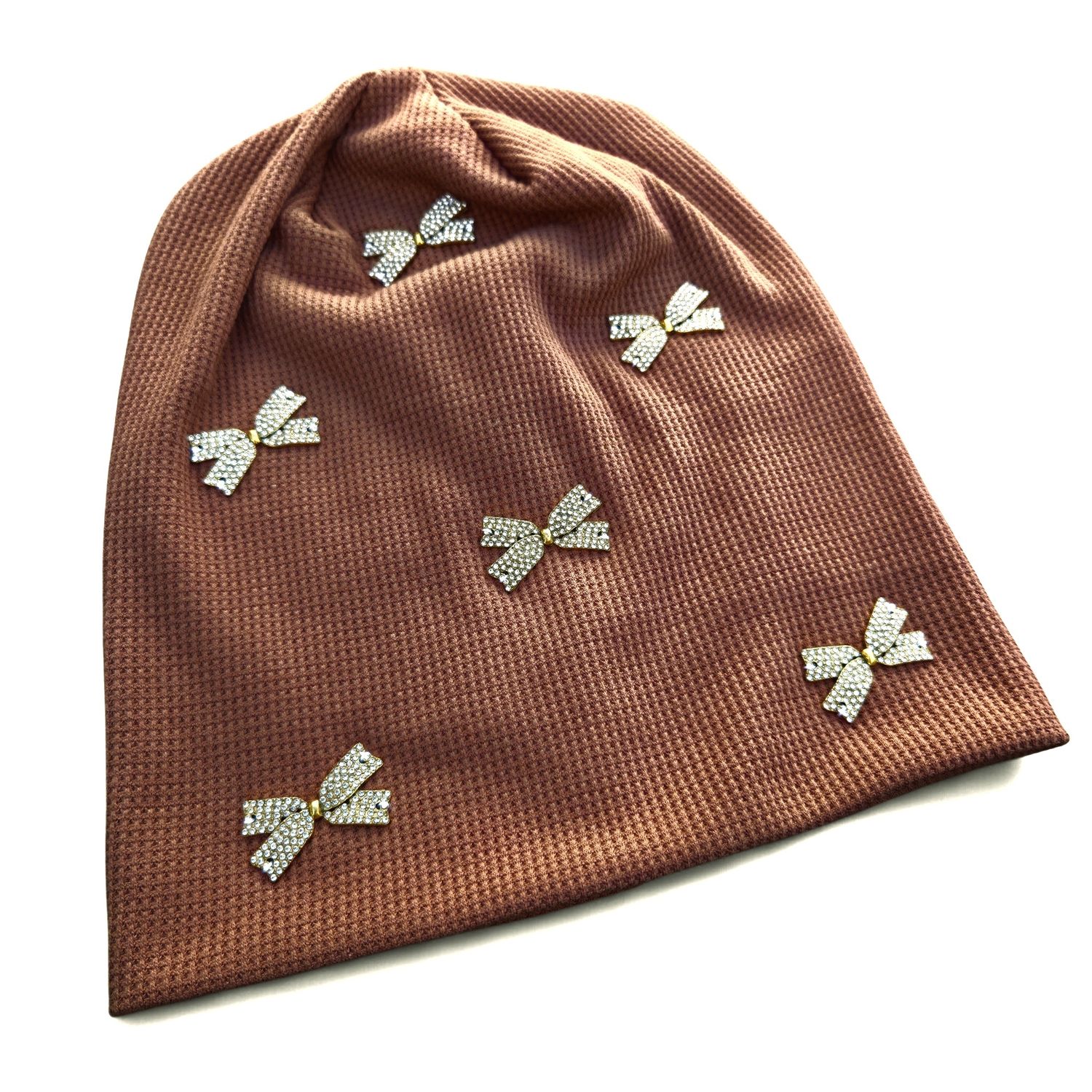Medium brown - glittery bow - embellished waffle cotton beanie