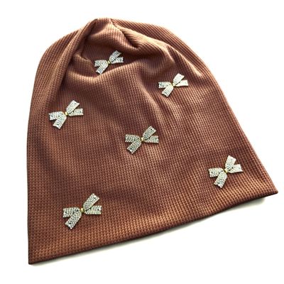 Medium brown - glittery bow - embellished waffle cotton beanie
