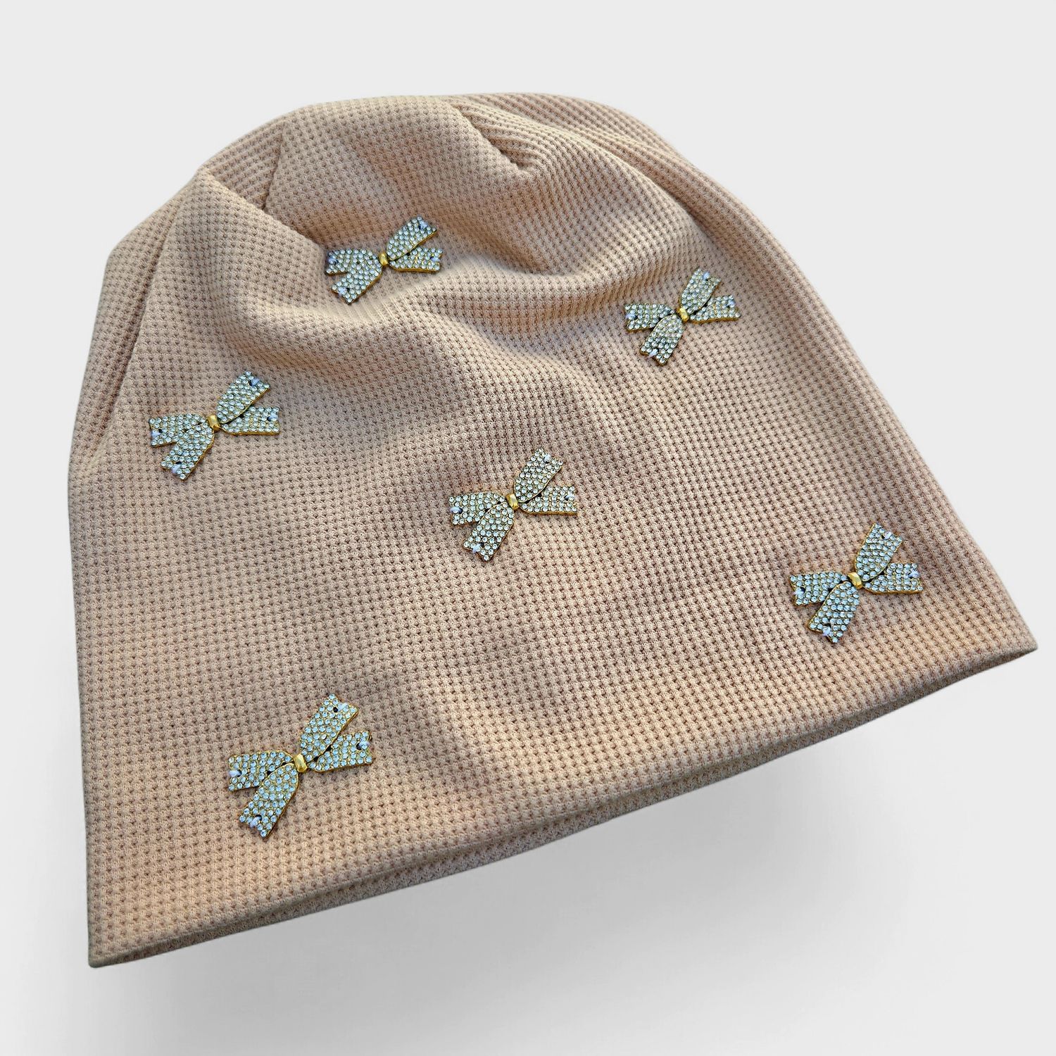 Beige/tan - glittery bow - embellished waffle cotton beanie