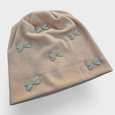 Beige/tan - glittery bow - embellished waffle cotton beanie