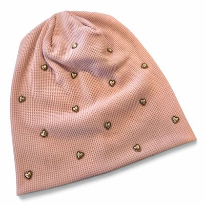 Blush/pink  heart embellished waffle cotton beanie
