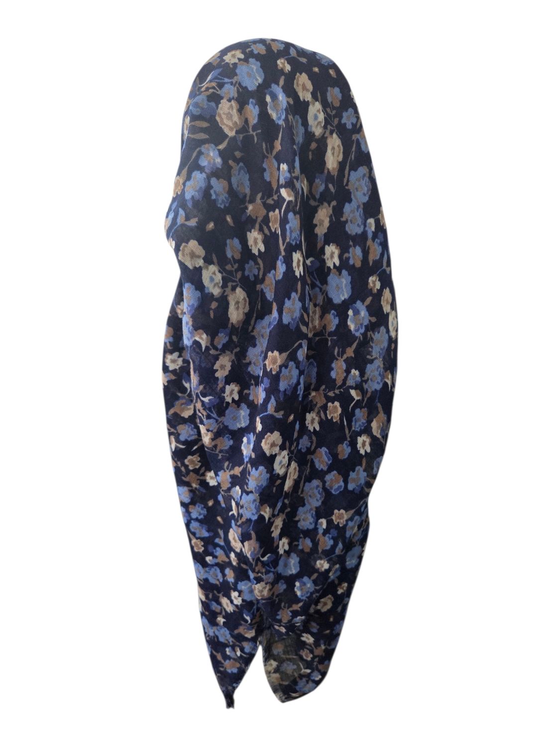 Navy - many flowers  - long kerchief back - soft fringes pretied tichel (BBS) w/band sewn in