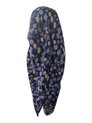 Navy - many flowers  - long kerchief back - soft fringes pretied tichel (BBS) w/band sewn in