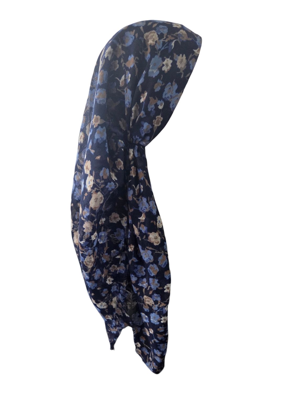 Navy - many flowers  - long kerchief back - soft fringes pretied tichel (BBS) w/band sewn in
