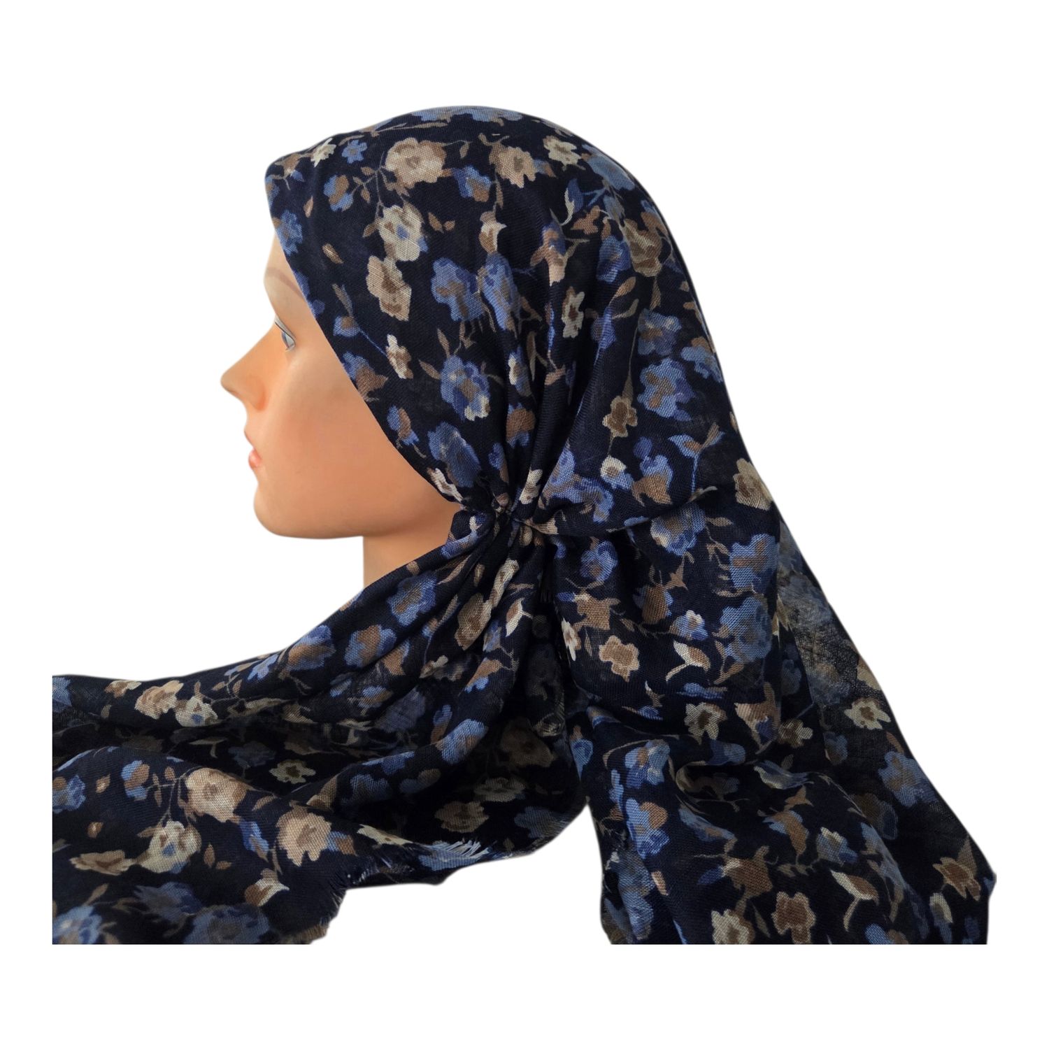 Navy - many flowers  - long kerchief back - soft fringes pretied tichel (BBS) w/band sewn in