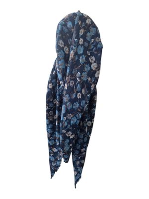Teal blue - many flowers  - long kerchief back - soft fringes pretied tichel (BBS) w/band sewn in