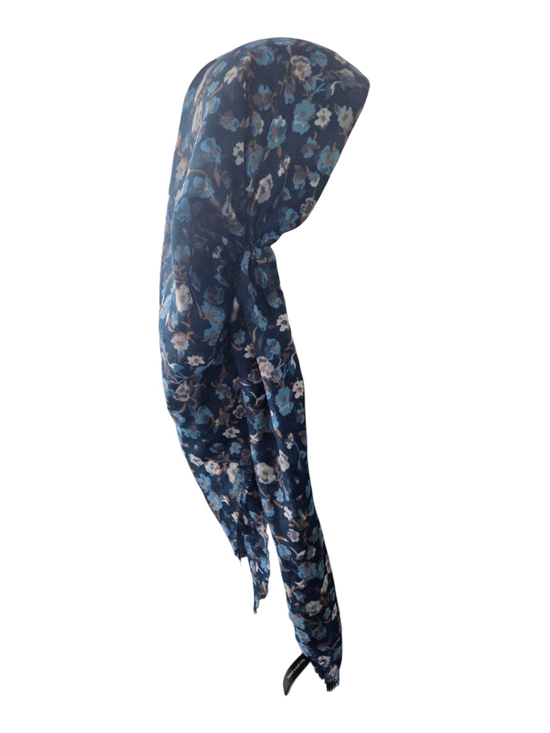 Teal blue - many flowers  - long kerchief back - soft fringes pretied tichel (BBS) w/band sewn in