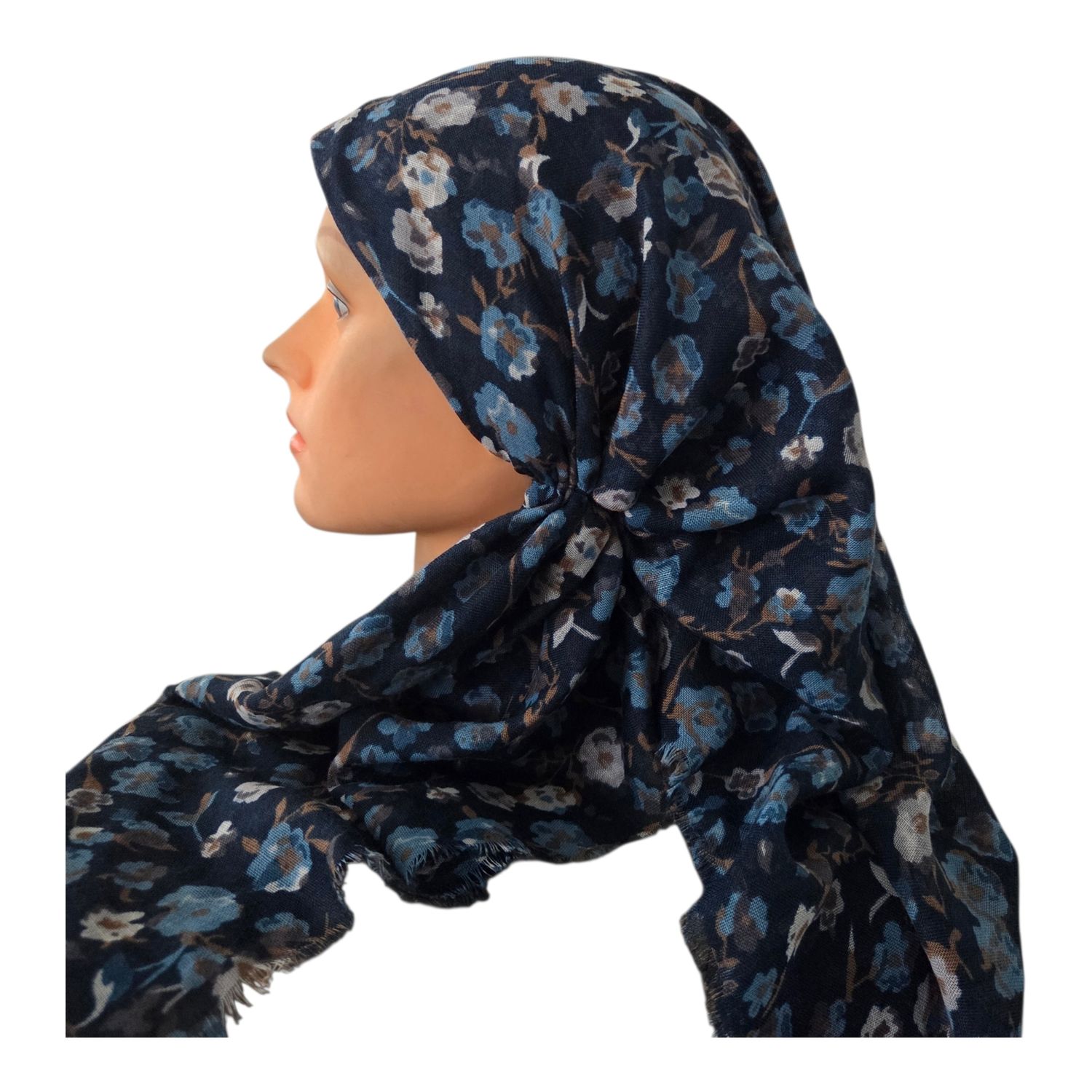 Teal blue - many flowers  - long kerchief back - soft fringes pretied tichel (BBS) w/band sewn in