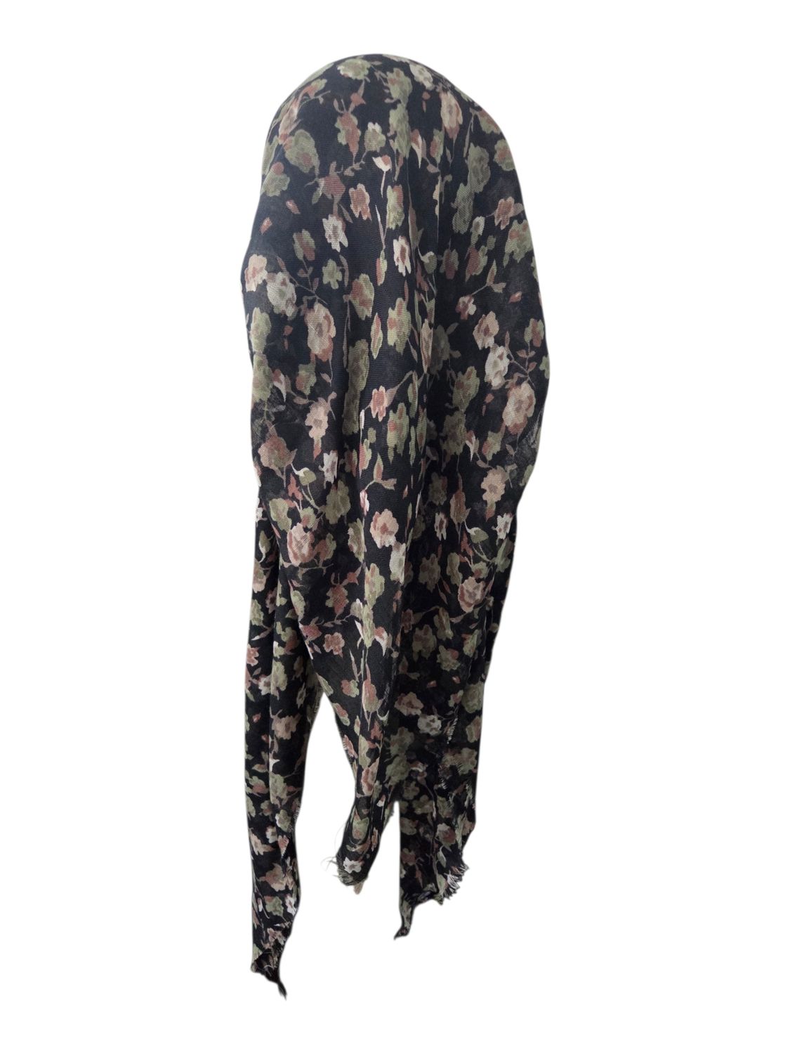 Black/green - many flowers  - long kerchief back - soft fringes pretied tichel (BBS) w/band sewn in