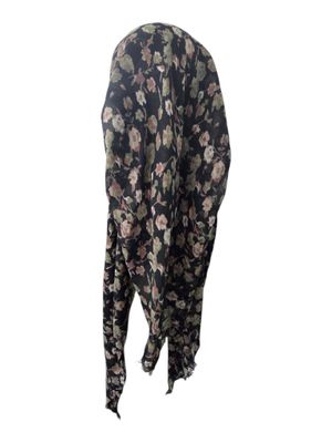 Black/green - many flowers  - long kerchief back - soft fringes pretied tichel (BBS) w/band sewn in