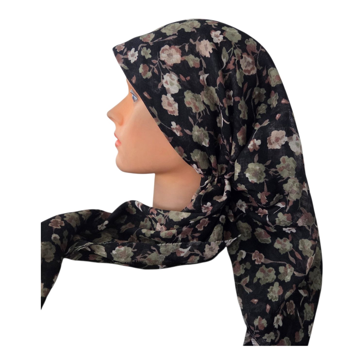 Black/green - many flowers  - long kerchief back - soft fringes pretied tichel (BBS) w/band sewn in