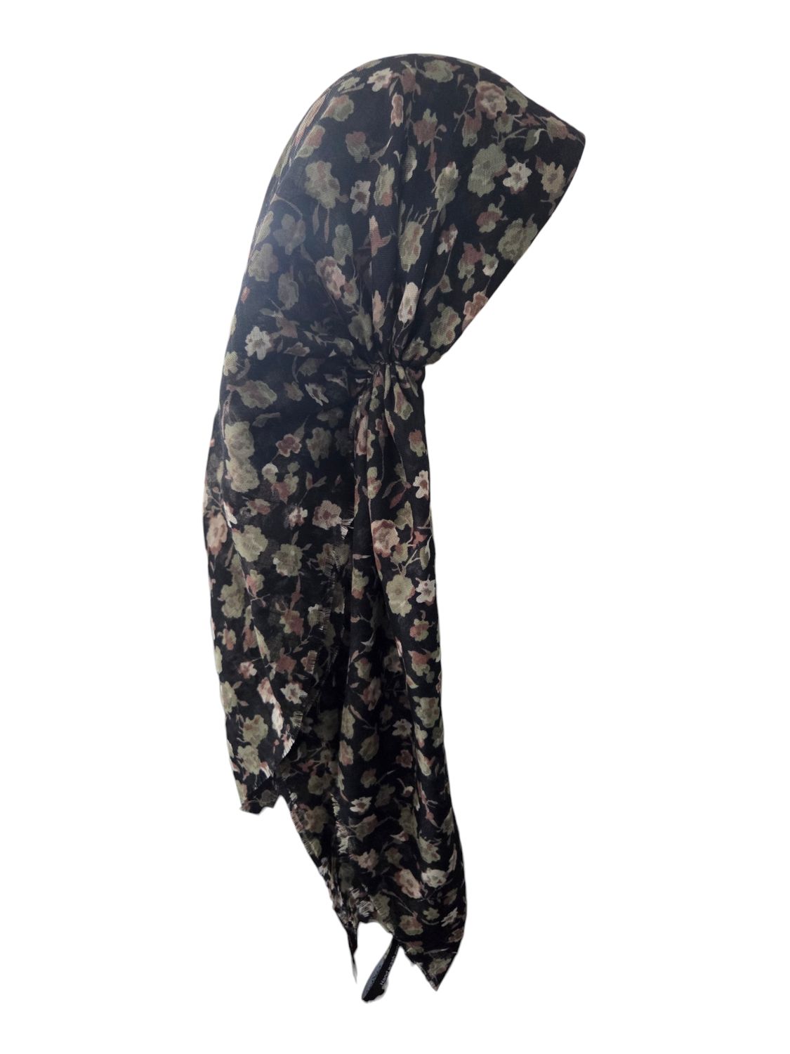 Black/green - many flowers  - long kerchief back - soft fringes pretied tichel (BBS) w/band sewn in