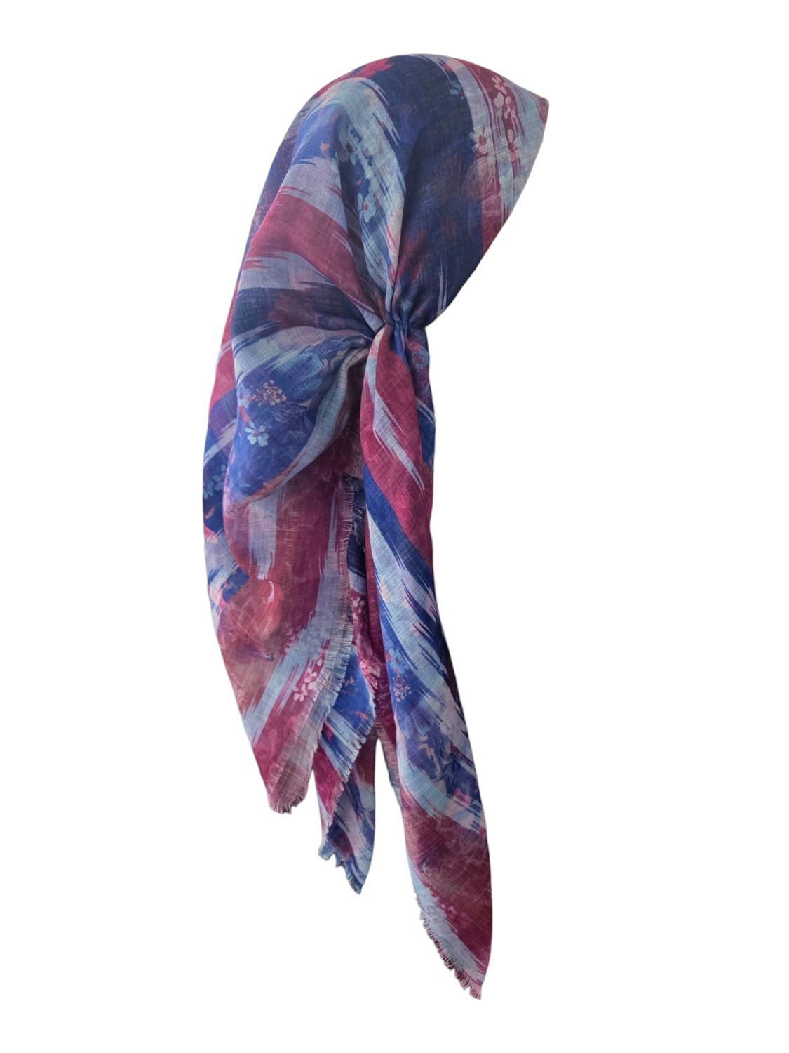 Multi colored blue  -  long kerchief back - soft fringes pretied tichel (BBS) w/band sewn in