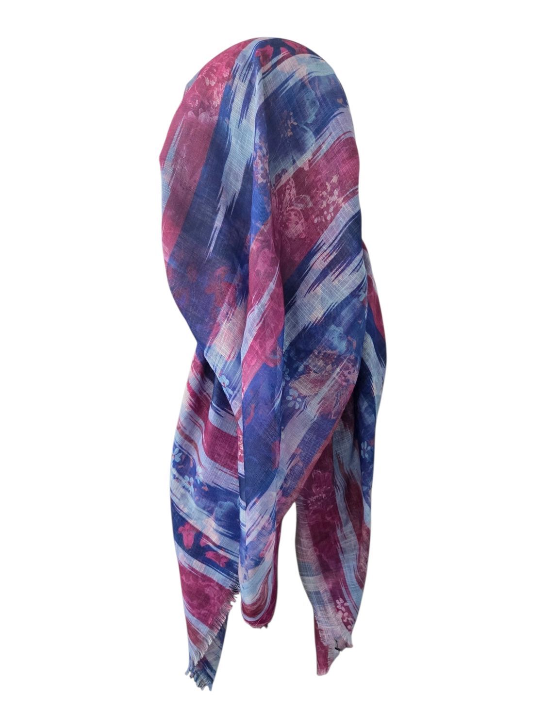 Multi colored blue  -  long kerchief back - soft fringes pretied tichel (BBS) w/band sewn in