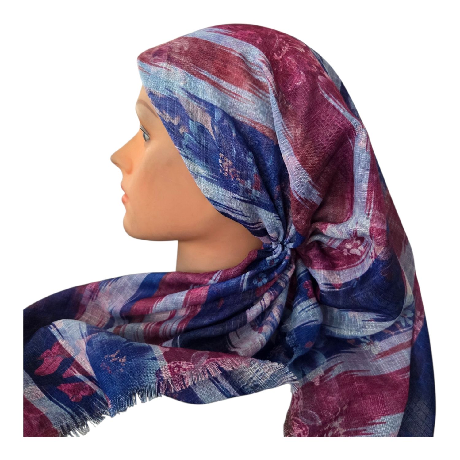 Multi colored blue  -  long kerchief back - soft fringes pretied tichel (BBS) w/band sewn in
