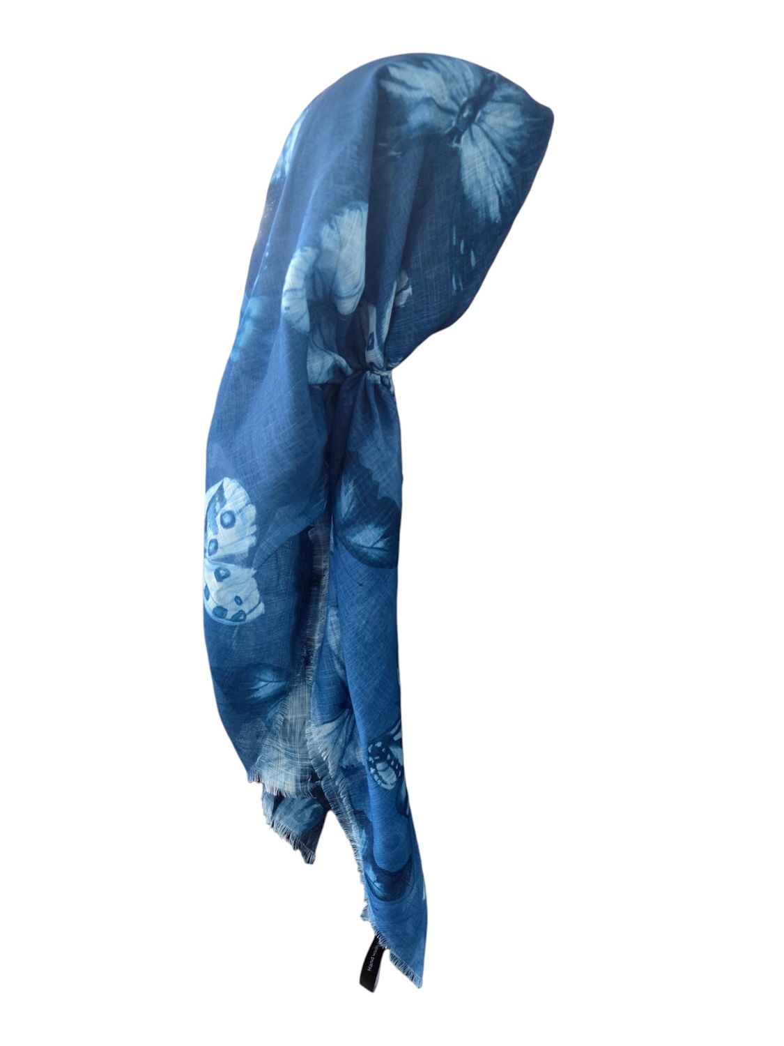 Blue shaded butterflies - long kerchief back - soft fringes pretied tichel (BBS) w/band sewn in