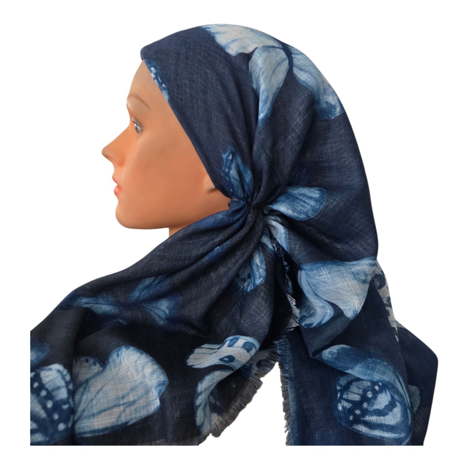 Blue shaded butterflies - long kerchief back - soft fringes pretied tichel (BBS) w/band sewn in