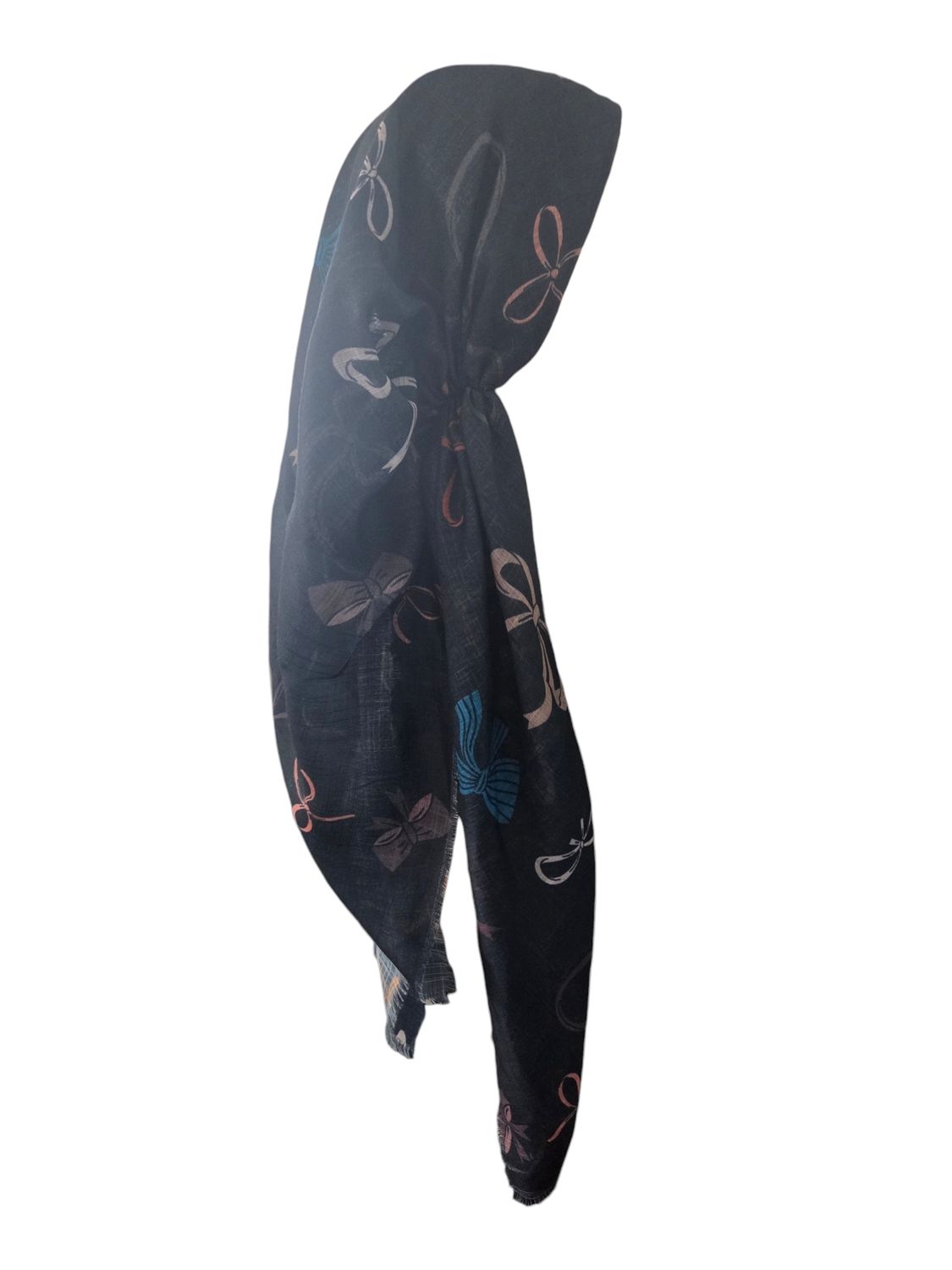 Black bows - long kerchief back - soft fringes pretied tichel (BBS) w/band sewn in