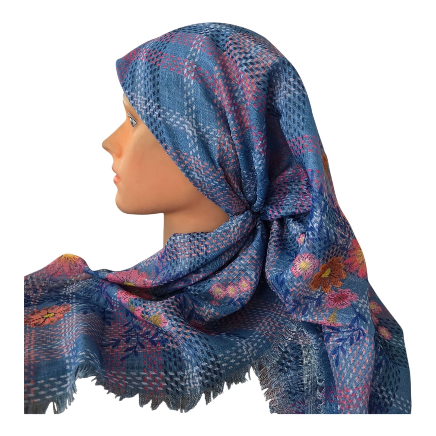 Blue summery -  long kerchief back - soft fringes pretied tichel (BBS) w/band sewn in