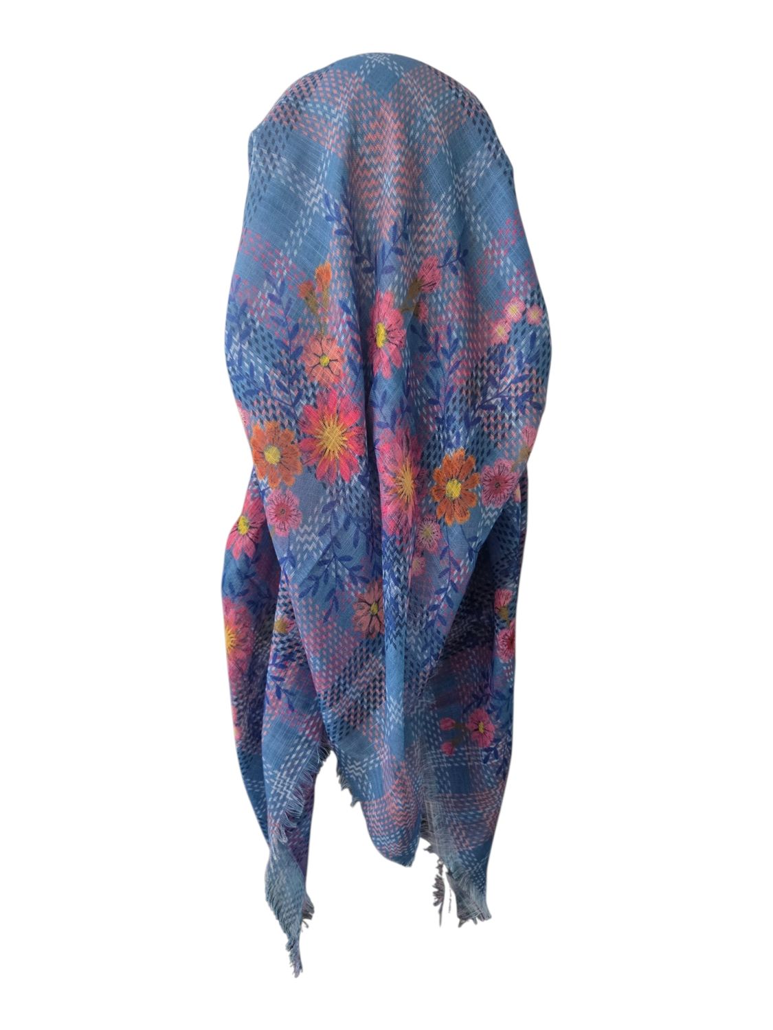Blue summery -  long kerchief back - soft fringes pretied tichel (BBS) w/band sewn in