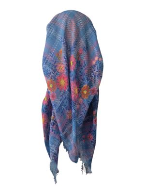 Blue summery -  long kerchief back - soft fringes pretied tichel (BBS) w/band sewn in
