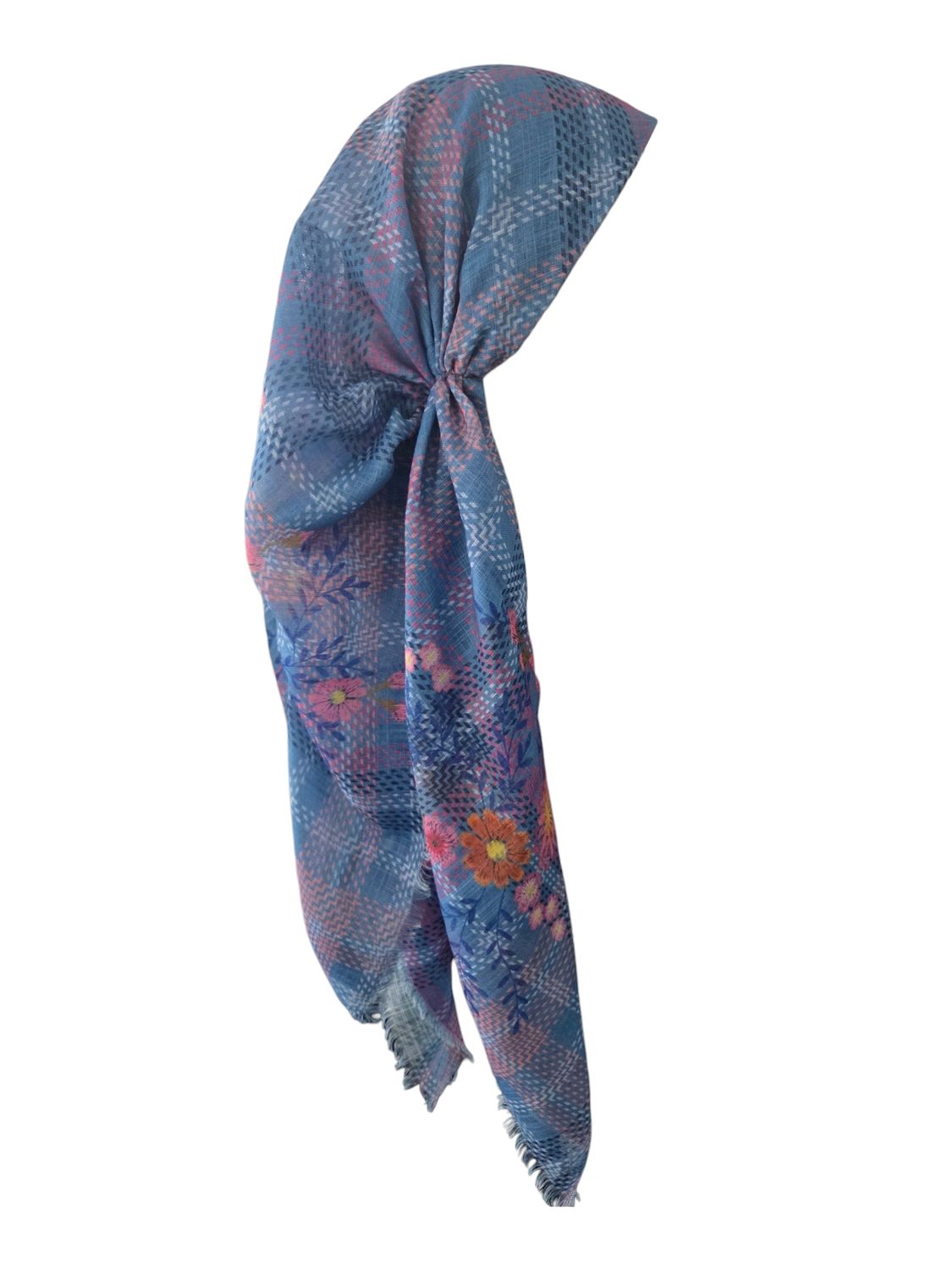 Blue summery -  long kerchief back - soft fringes pretied tichel (BBS) w/band sewn in