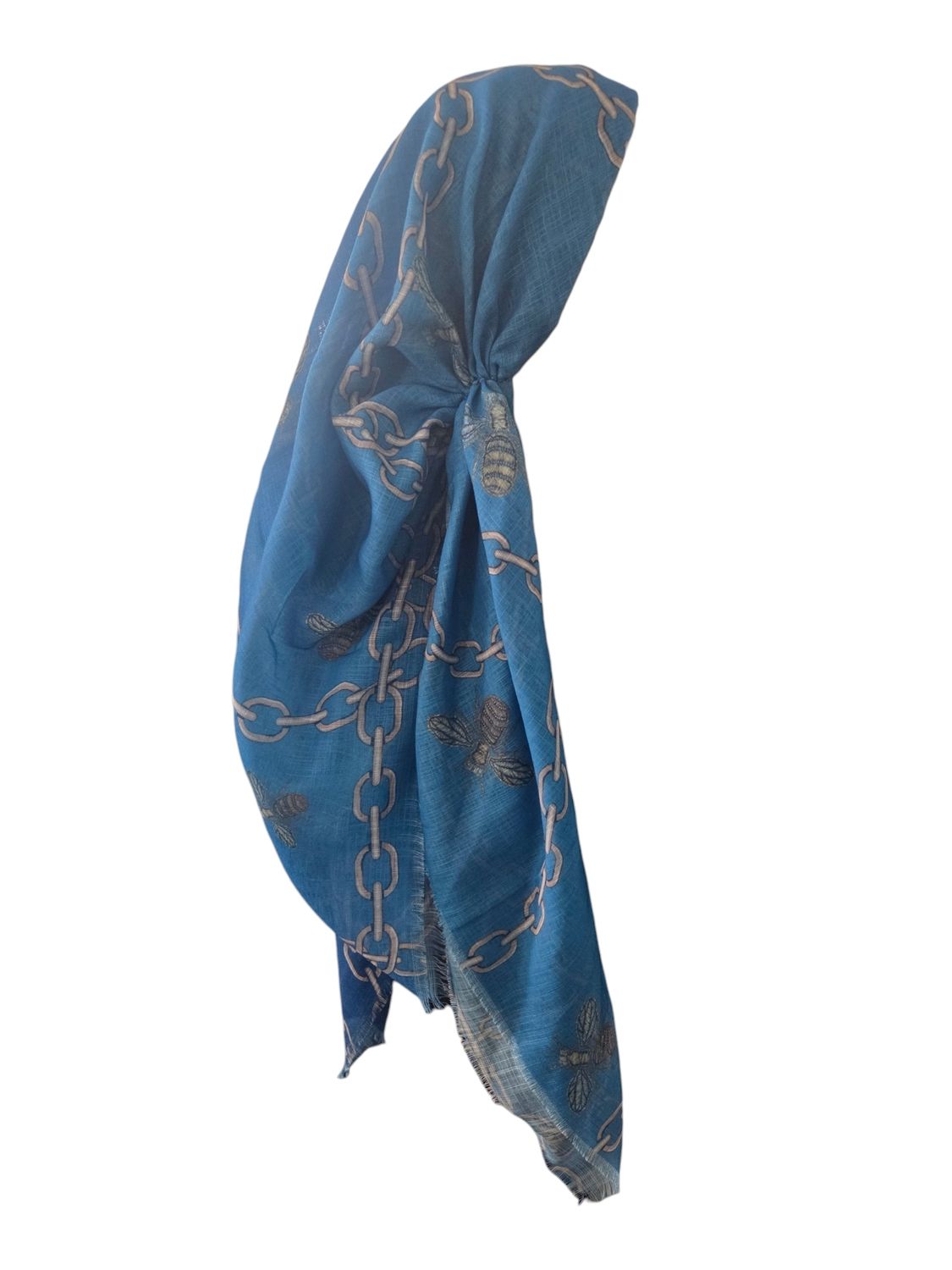 Blue shaded  - long kerchief back - soft fringes pretied tichel (BBS) w/band sewn in