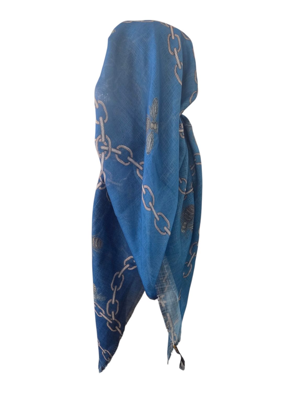 Blue shaded  - long kerchief back - soft fringes pretied tichel (BBS) w/band sewn in