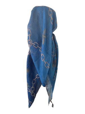 Blue shaded  - long kerchief back - soft fringes pretied tichel (BBS) w/band sewn in