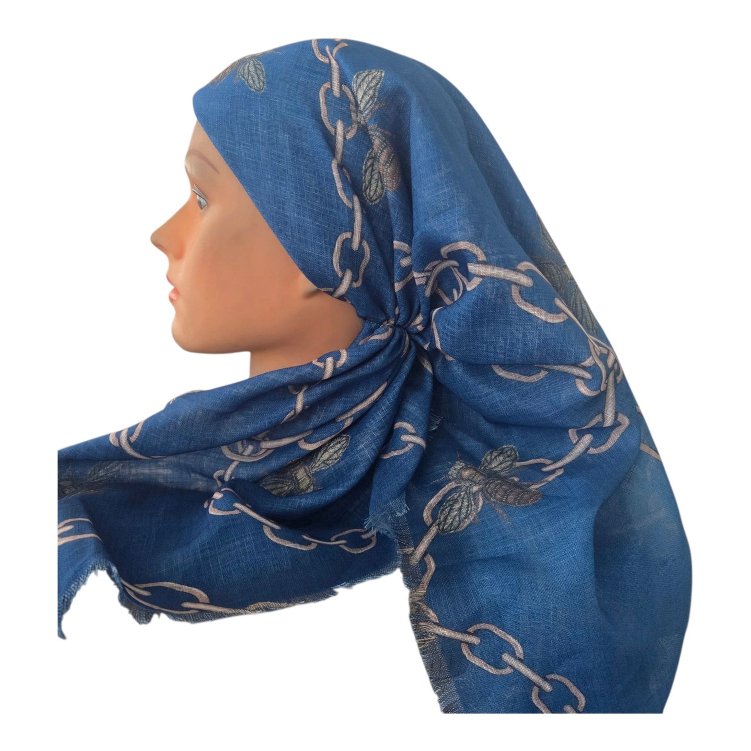 Blue shaded  - long kerchief back - soft fringes pretied tichel (BBS) w/band sewn in