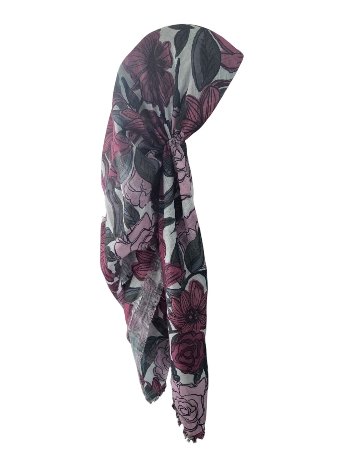 Dull berry - Spring flowers  - long kerchief back - soft fringes pretied tichel (BBS) w/band sewn in