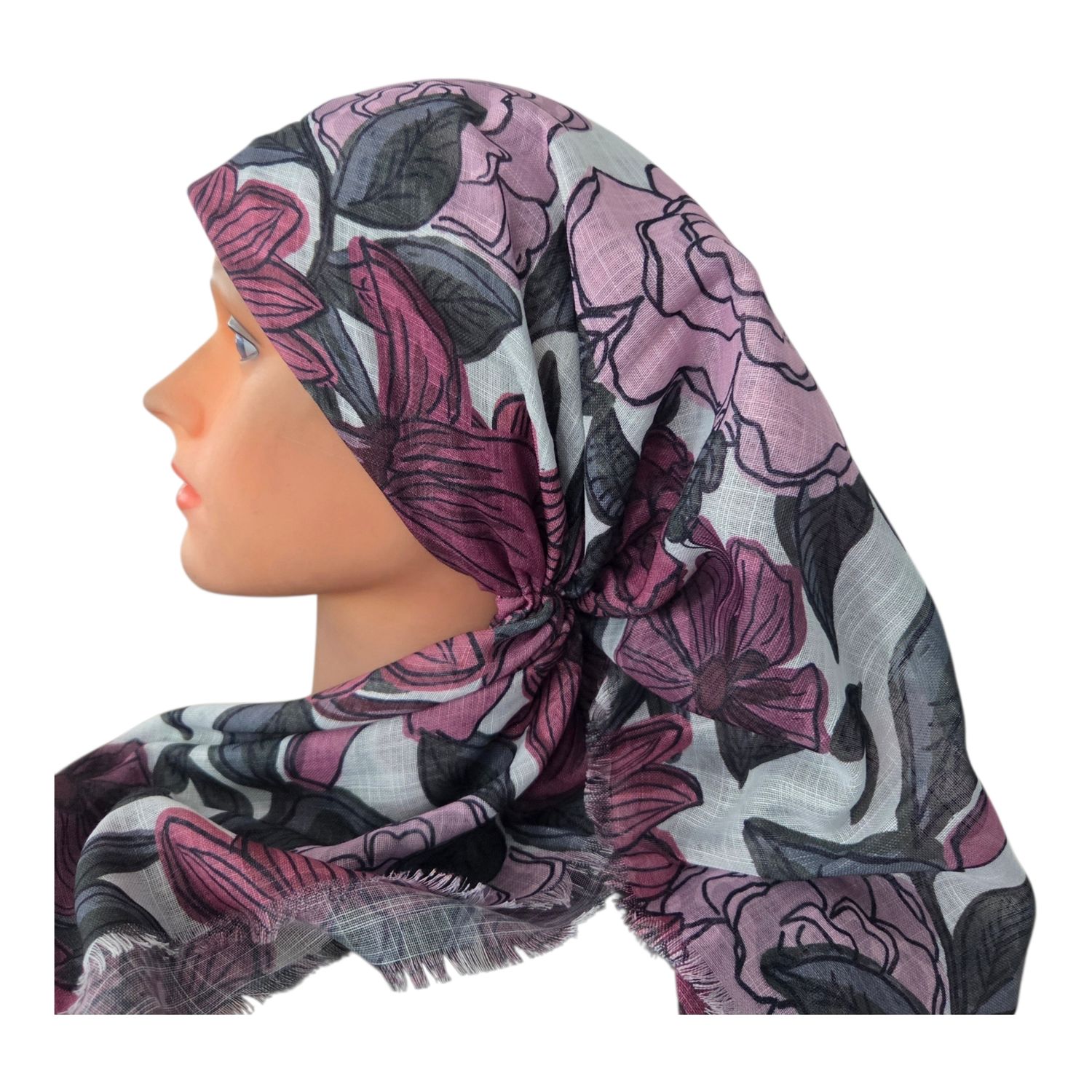 Dull berry - Spring flowers  - long kerchief back - soft fringes pretied tichel (BBS) w/band sewn in